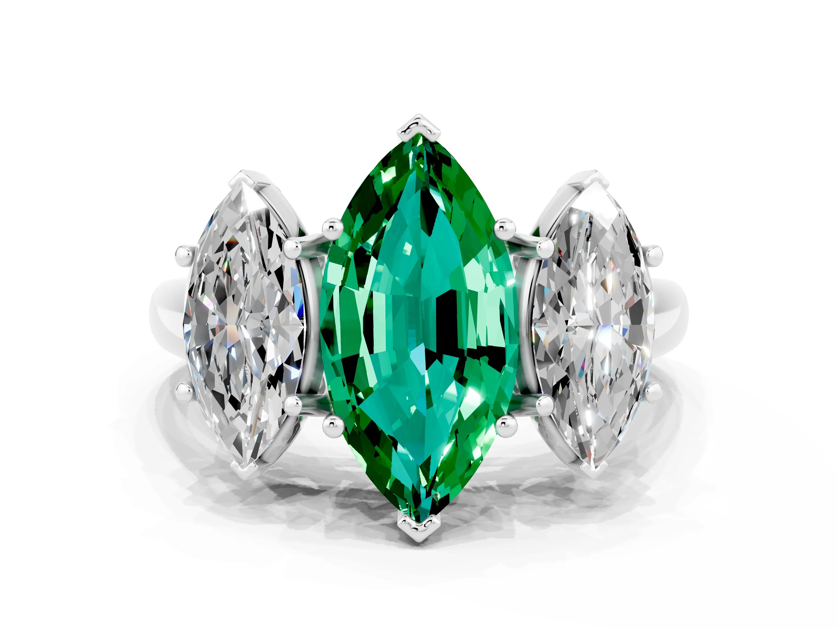 White gold Three-Stone Marquise Cut Emerald Engagement Ring with Prong Setting