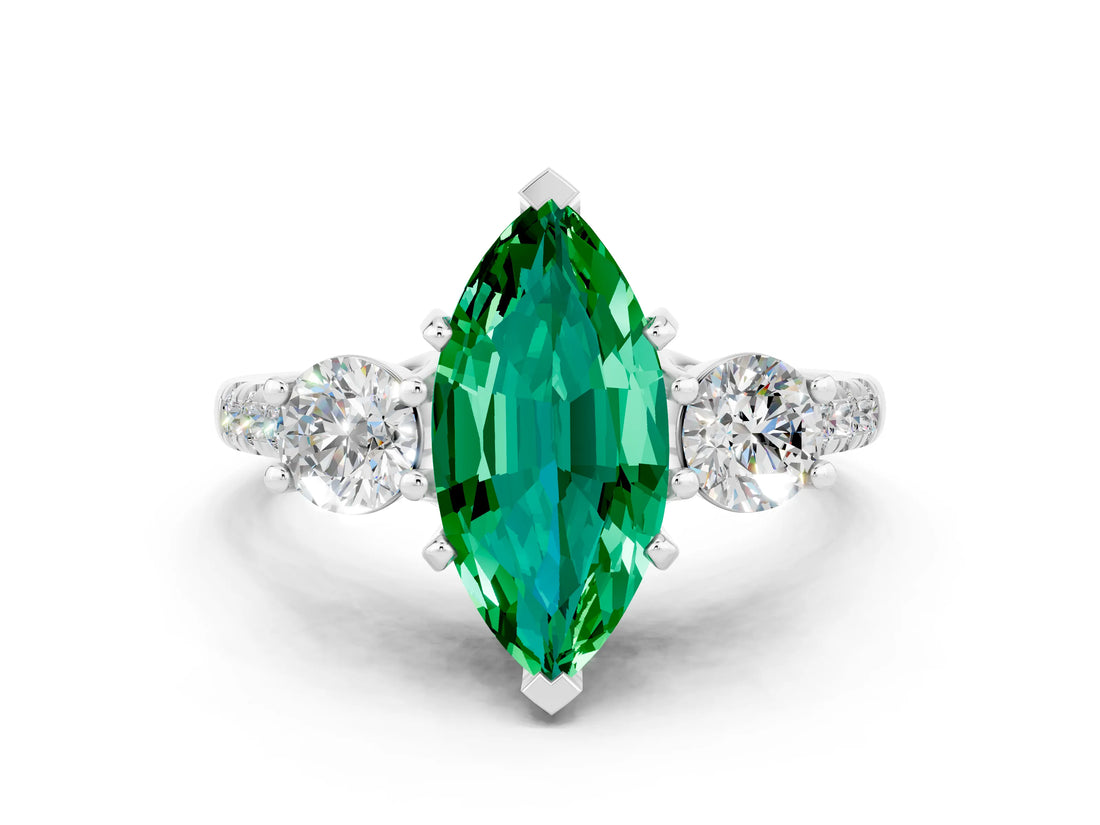 White gold Three-Stone Marquise Cut Emerald Pavé Band with Four-Prong Setting