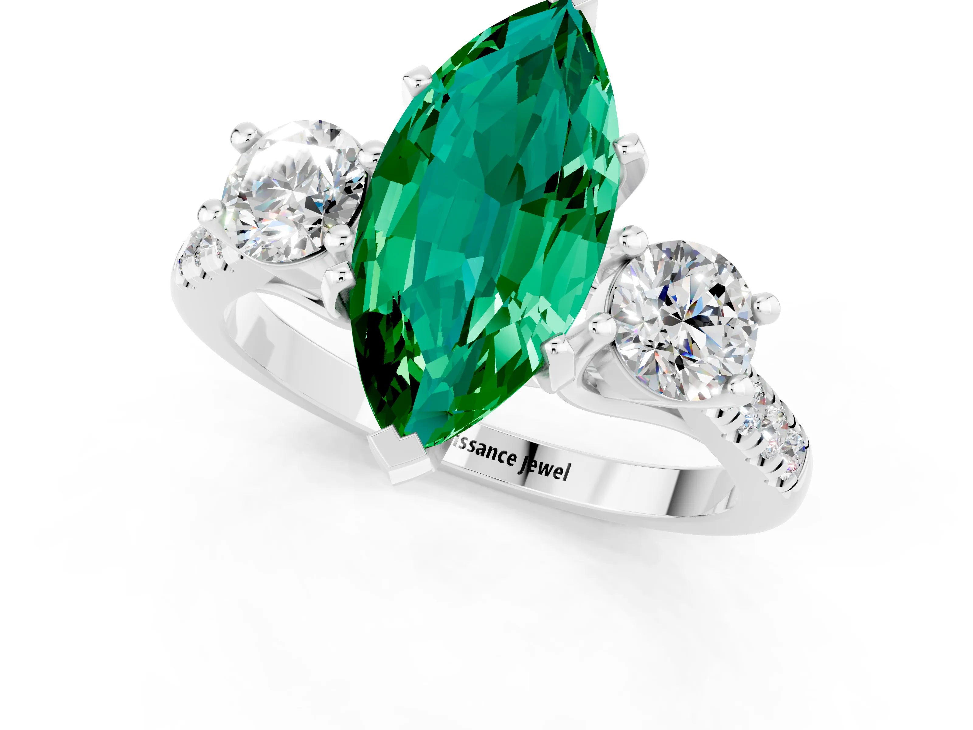 White gold Three-Stone Marquise Cut Emerald Pavé Band with Four-Prong Setting_1