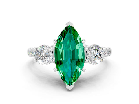 White gold Three-Stone Marquise Cut Emerald Pavé Band with Four-Prong Setting