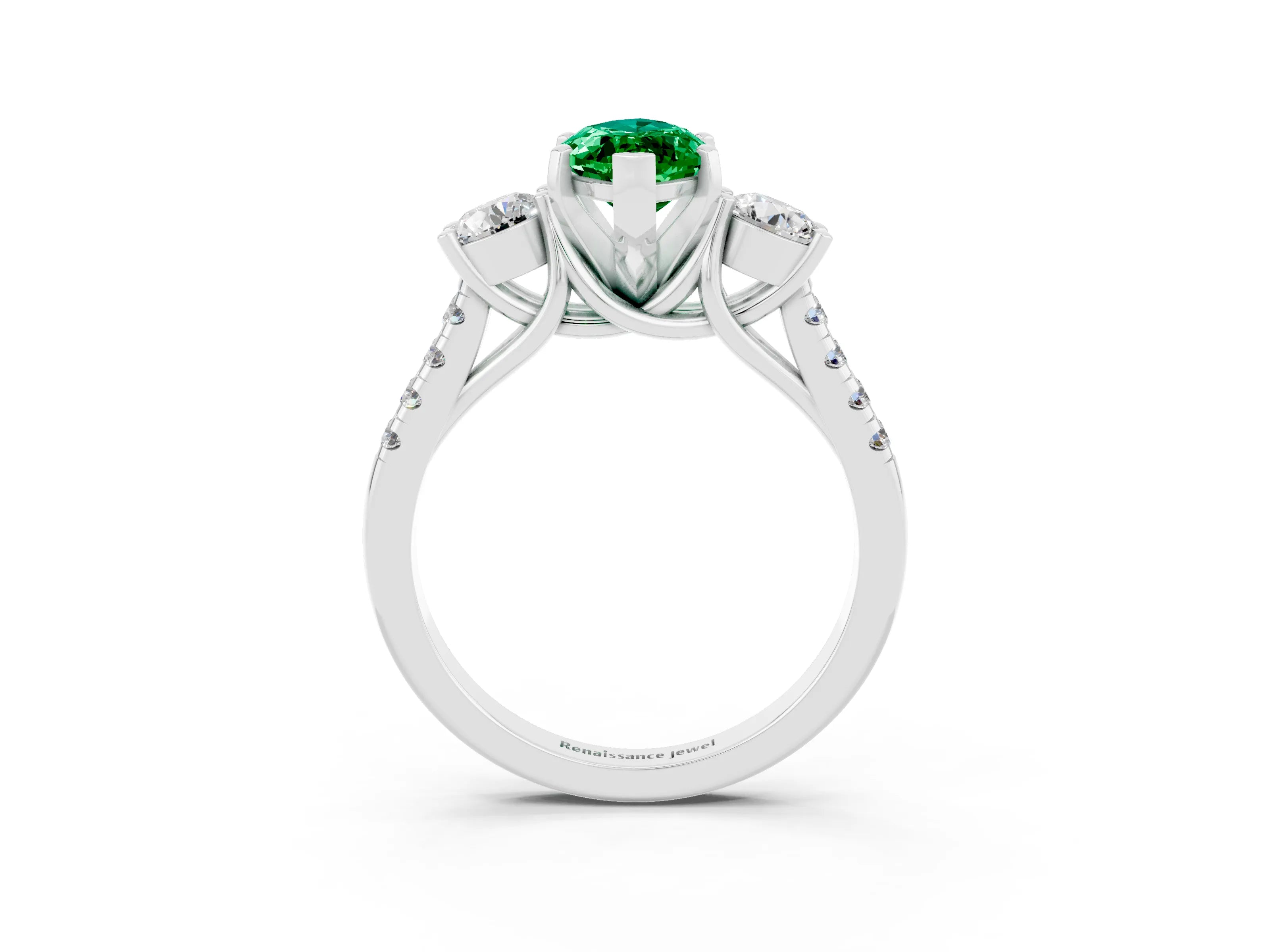 White gold Three-Stone Marquise Cut Emerald Pavé Band with Four-Prong Setting_3