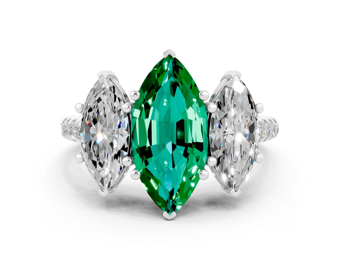 White gold Three-Stone Marquise Cut Emerald Ring with Pavé Band and Prong Setting_12