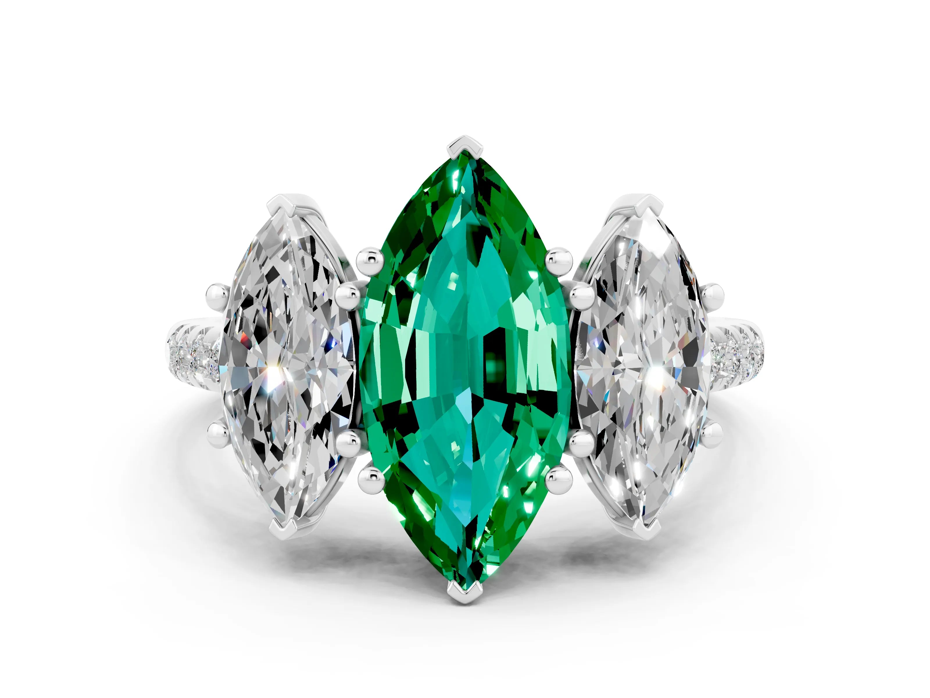 White gold Three-Stone Marquise Cut Emerald Ring with Pavé Band and Prong Setting_12