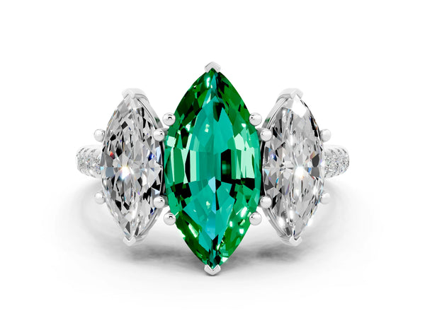 White gold Three-Stone Marquise Cut Emerald Ring with Round  Pavé Band and Prong Setting