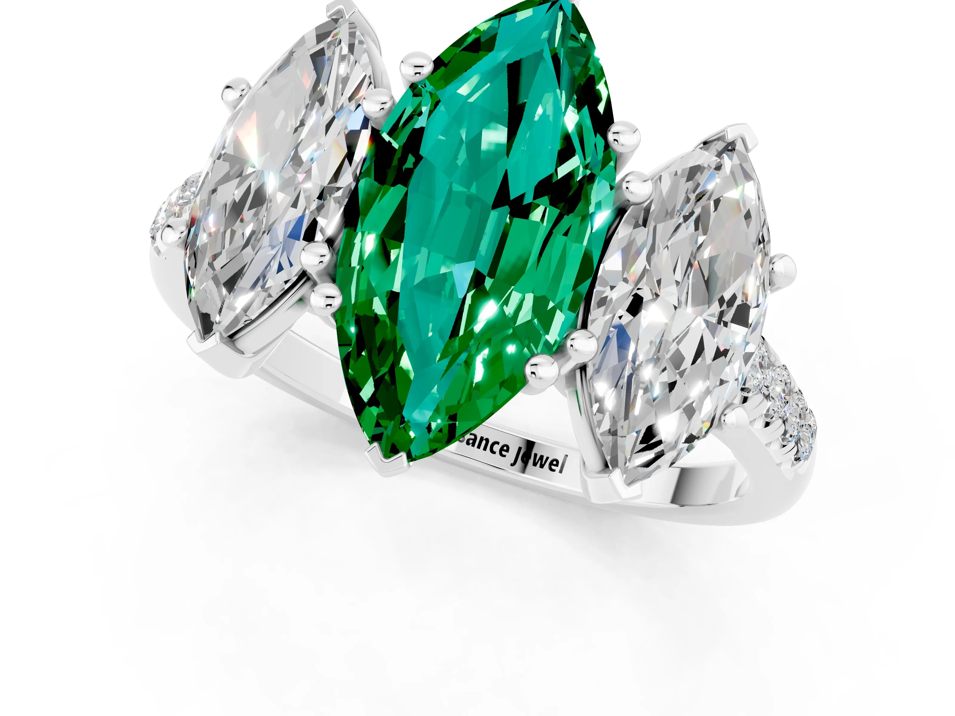 White gold Three-Stone Marquise Cut Emerald Ring with Pavé Band and Prong Setting_13