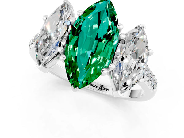 Silver Three-Stone Marquise Cut Emerald Ring with Round  Pavé Band and Prong Setting