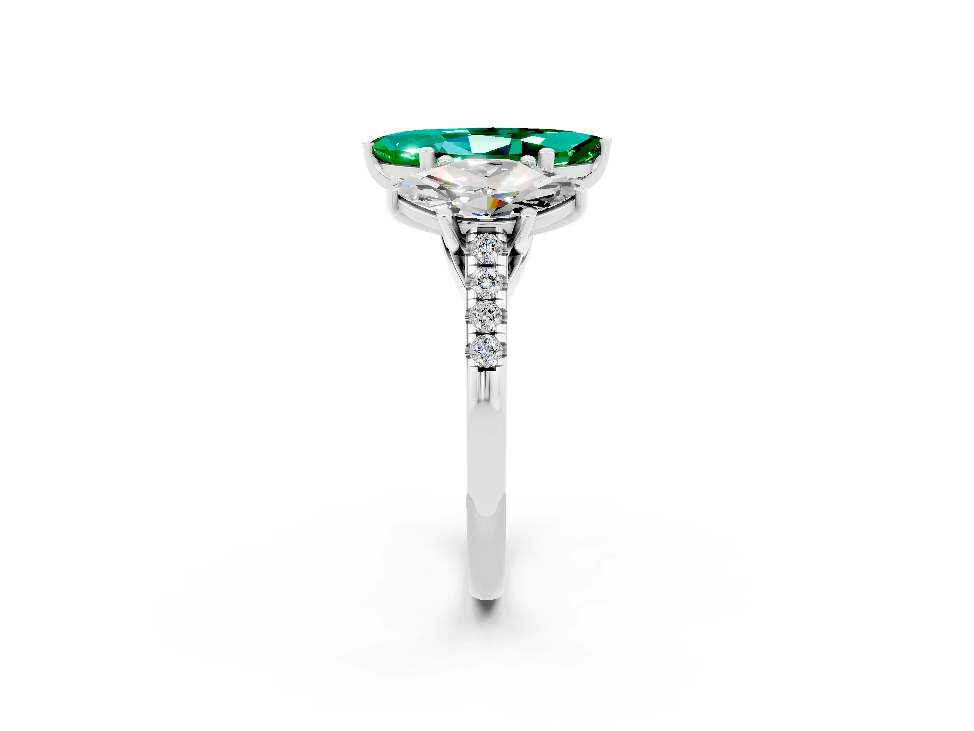White gold Three-Stone Marquise Cut Emerald Ring with Pavé Band and Prong Setting_14
