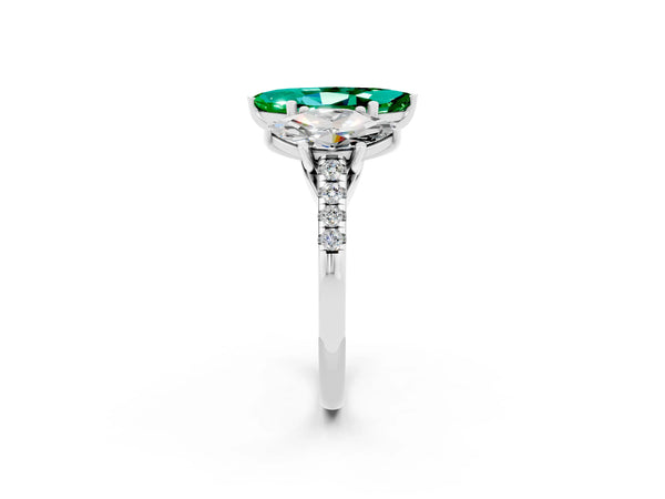 Platinum Three-Stone Marquise Cut Emerald Ring with Round  Pavé Band and Prong Setting