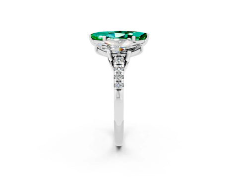 White gold Three-Stone Marquise Cut Emerald Ring with Pavé Band and Prong Setting_14