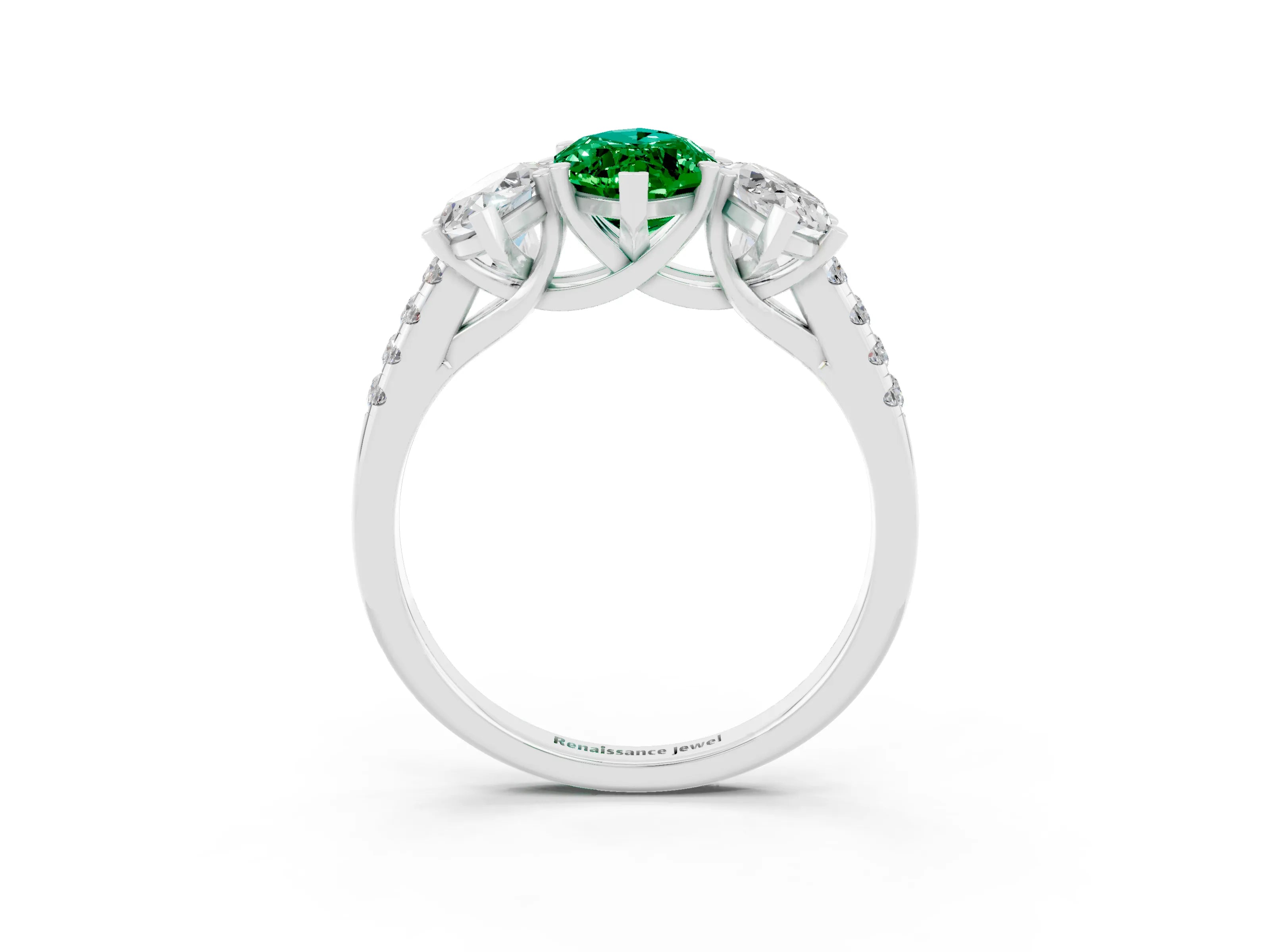 White gold Three-Stone Marquise Cut Emerald Ring with Pavé Band and Prong Setting_15