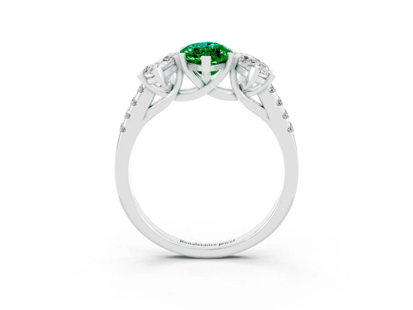 White gold Three-Stone Marquise Cut Emerald Ring with Round  Pavé Band and Prong Setting