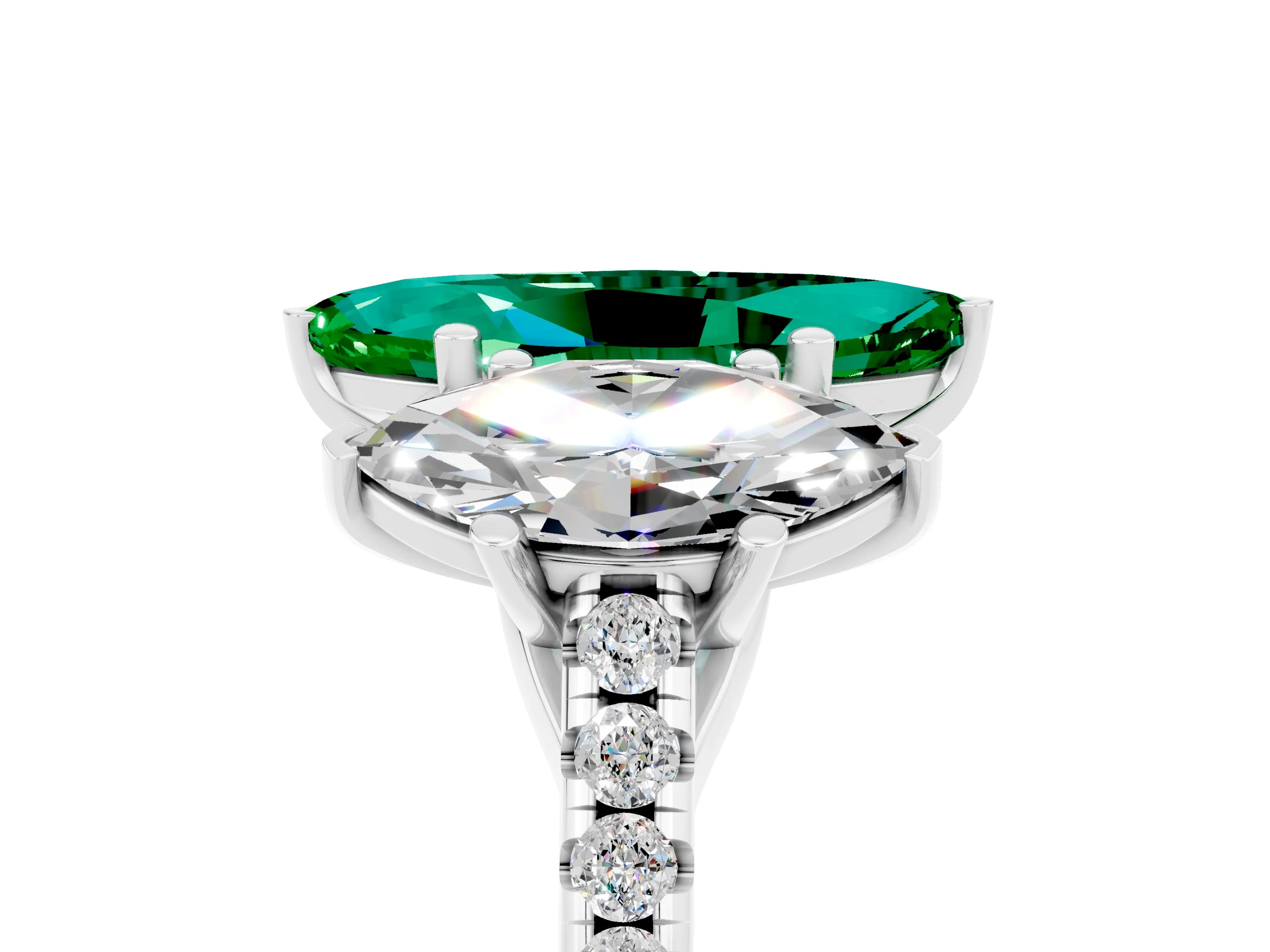 White gold Three-Stone Marquise Cut Emerald Ring with Pavé Band and Prong Setting_17