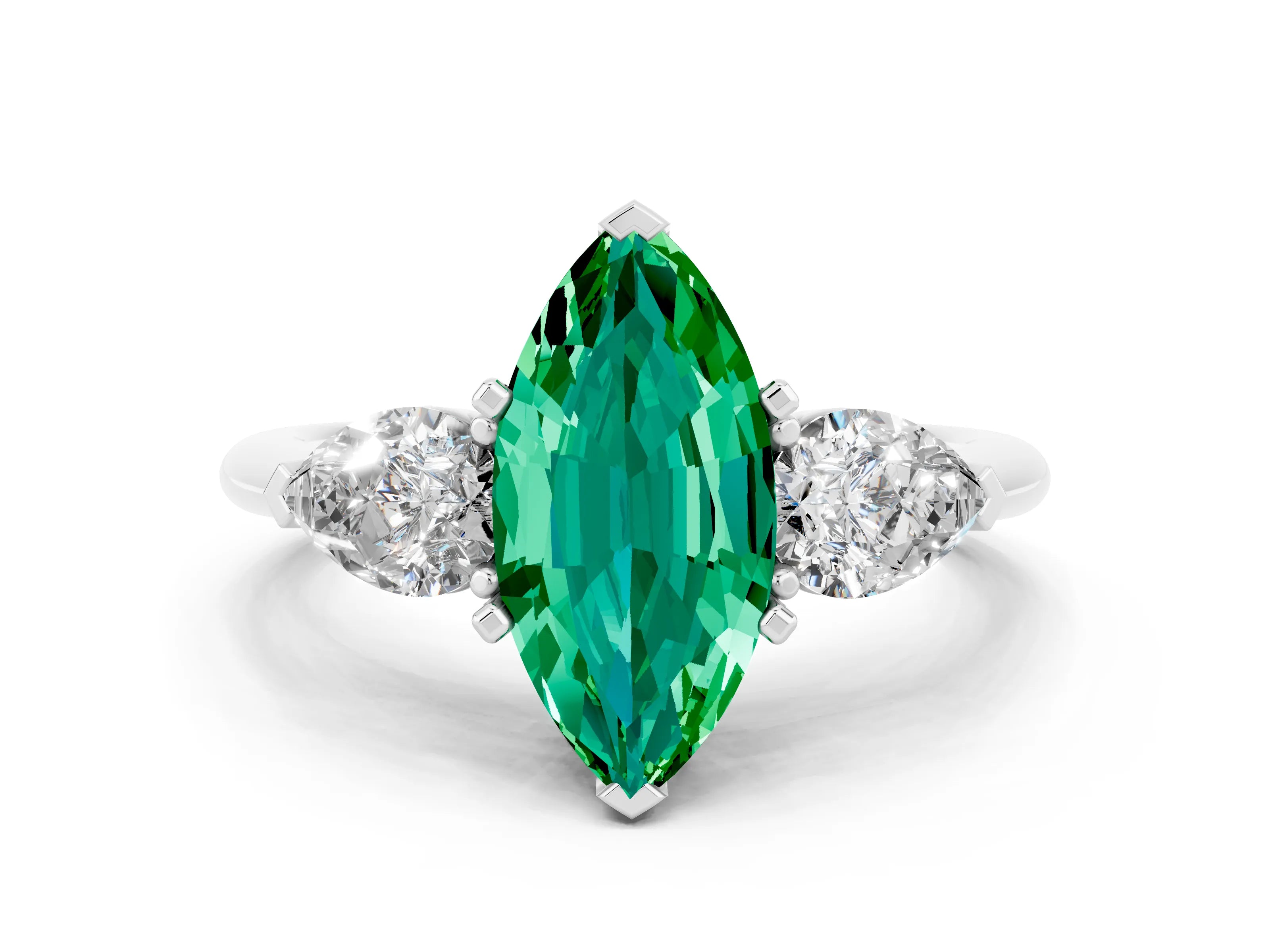 White gold Three-Stone Marquise Cut Emerald Ring with Pear Side Stones and Four-Prong Setting