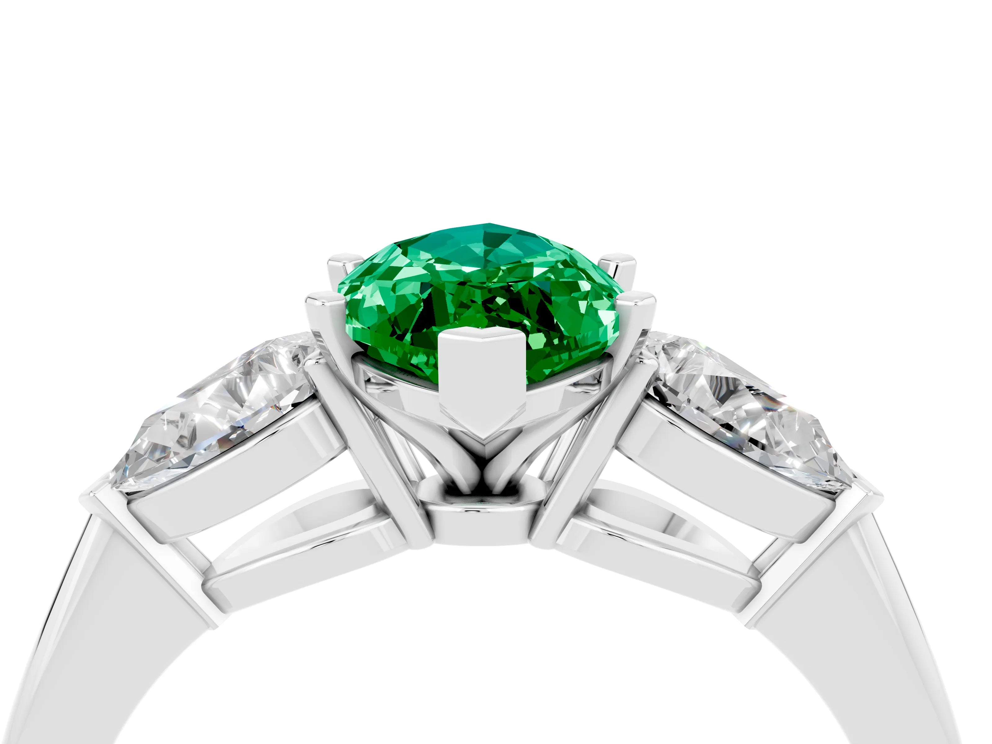 White gold Three-Stone Marquise Cut Emerald Ring with Pear Side Stones and Four-Prong Setting_4