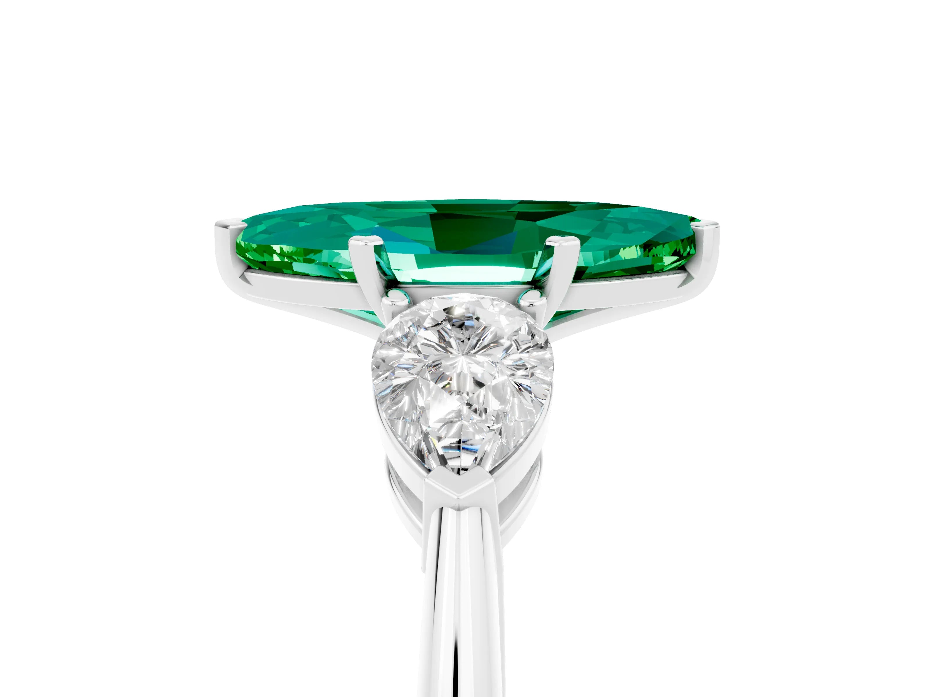 White gold Three-Stone Marquise Cut Emerald Ring with Pear Side Stones and Four-Prong Setting_5