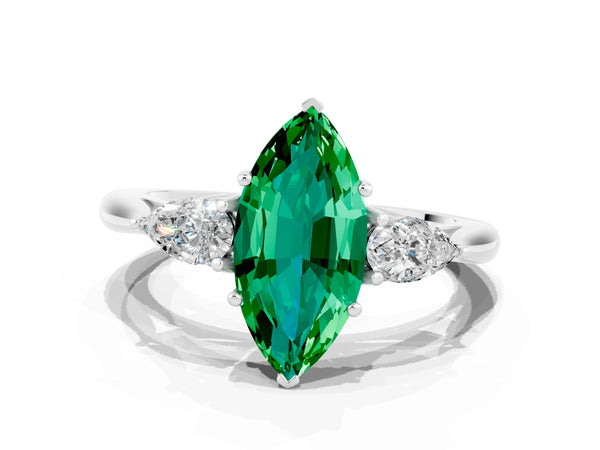 Platinum Three-Stone Marquise Cut Emerald Ring with Pear  Side Stones in Four-Prong Setting