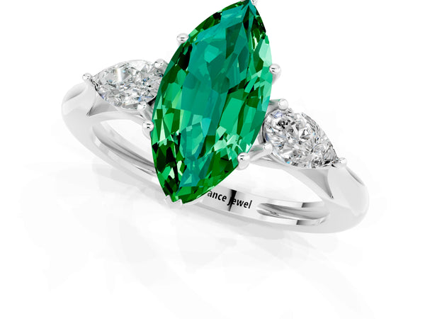 Silver Three-Stone Marquise Cut Emerald Ring with Pear  Side Stones in Four-Prong Setting