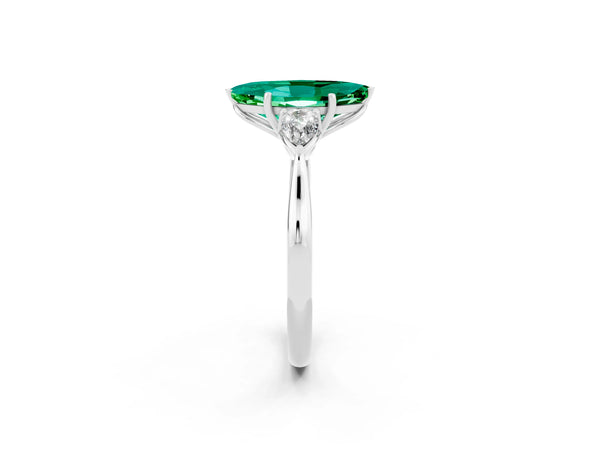 White gold Three-Stone Marquise Cut Emerald Ring with Pear  Side Stones in Four-Prong Setting