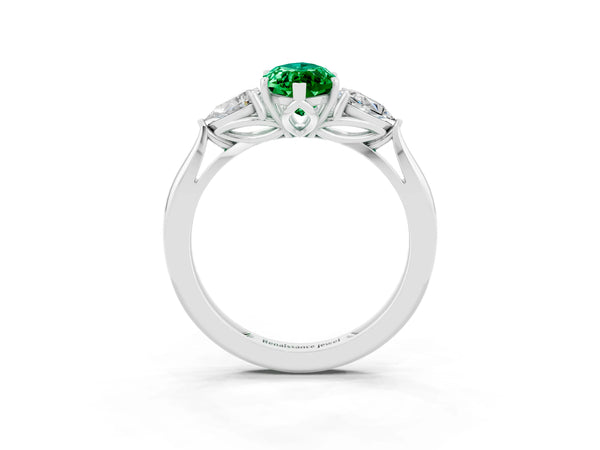 Silver Three-Stone Marquise Cut Emerald Ring with Pear  Side Stones in Four-Prong Setting
