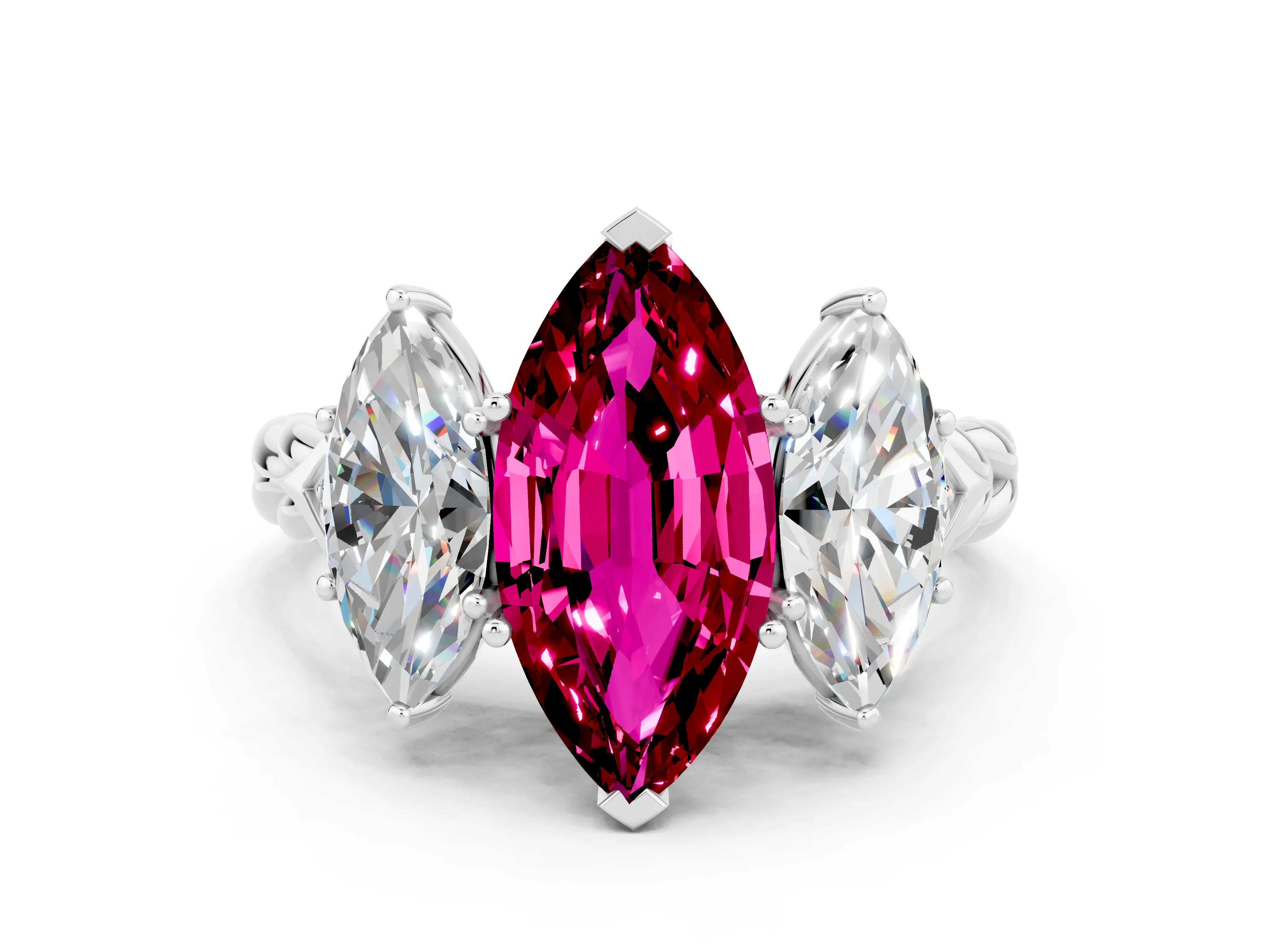 White gold Three-Stone Marquise Cut Garnet Braided Band Ring with Four-Prong Setting_12