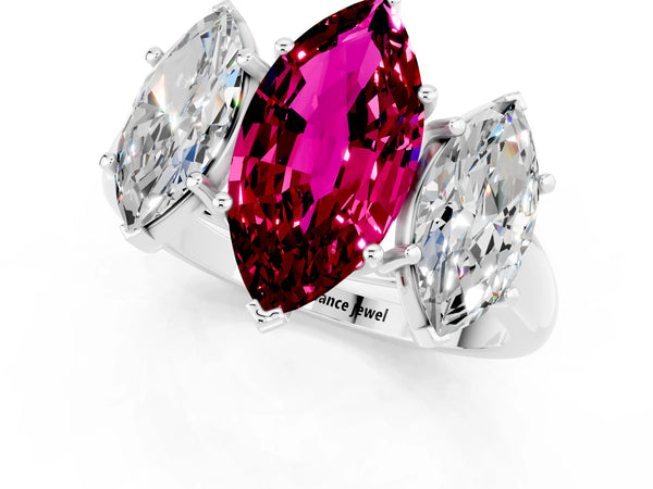 Silver Three-Stone Marquise Cut Garnet Engagement Ring with Prong Setting