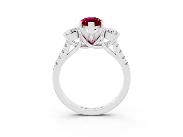 Platinum Three-Stone Marquise Cut Garnet Pavé Band with Four-Prong Setting