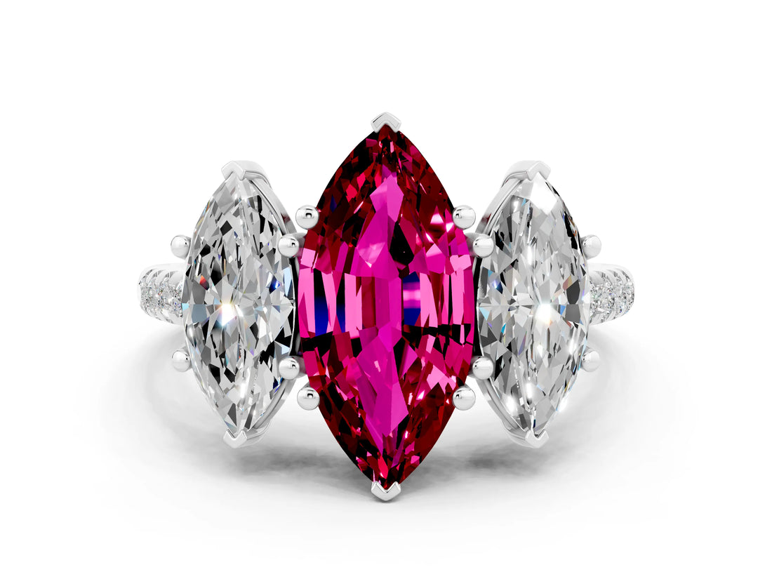 White gold Three-Stone Marquise Cut Garnet Ring with Pavé Band and Prong Setting_12