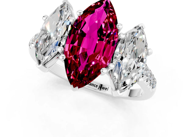 Platinum Three-Stone Marquise Cut Garnet Ring with Round  Pavé Band and Prong Setting