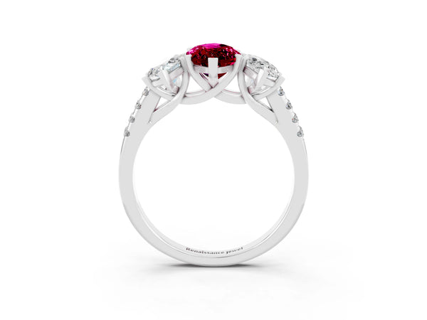 Platinum Three-Stone Marquise Cut Garnet Ring with Round  Pavé Band and Prong Setting