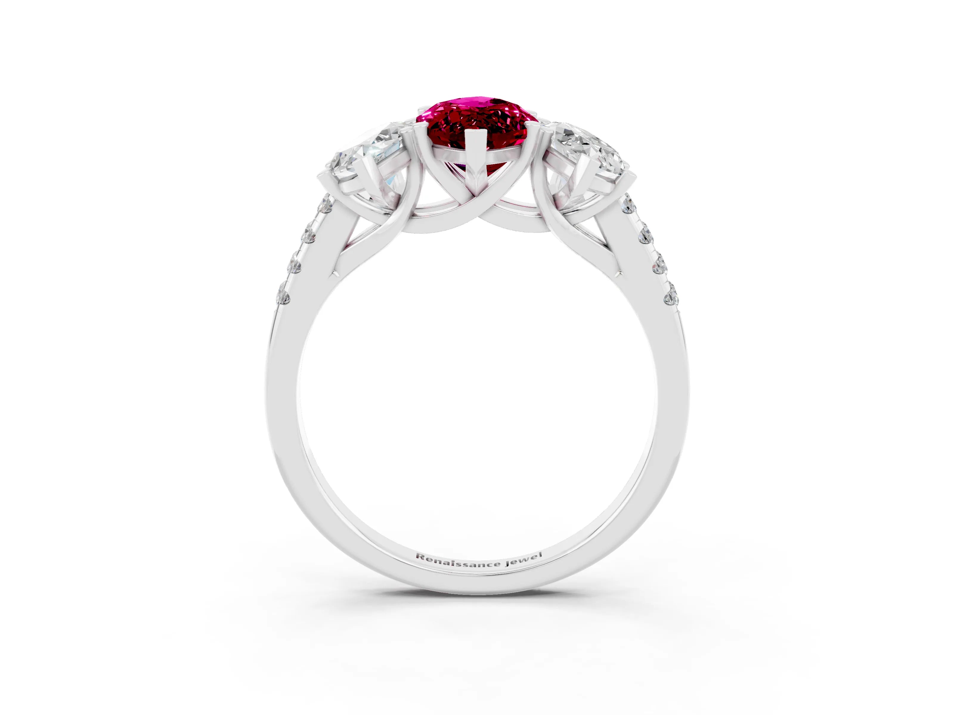 White gold Three-Stone Marquise Cut Garnet Ring with Pavé Band and Prong Setting_15