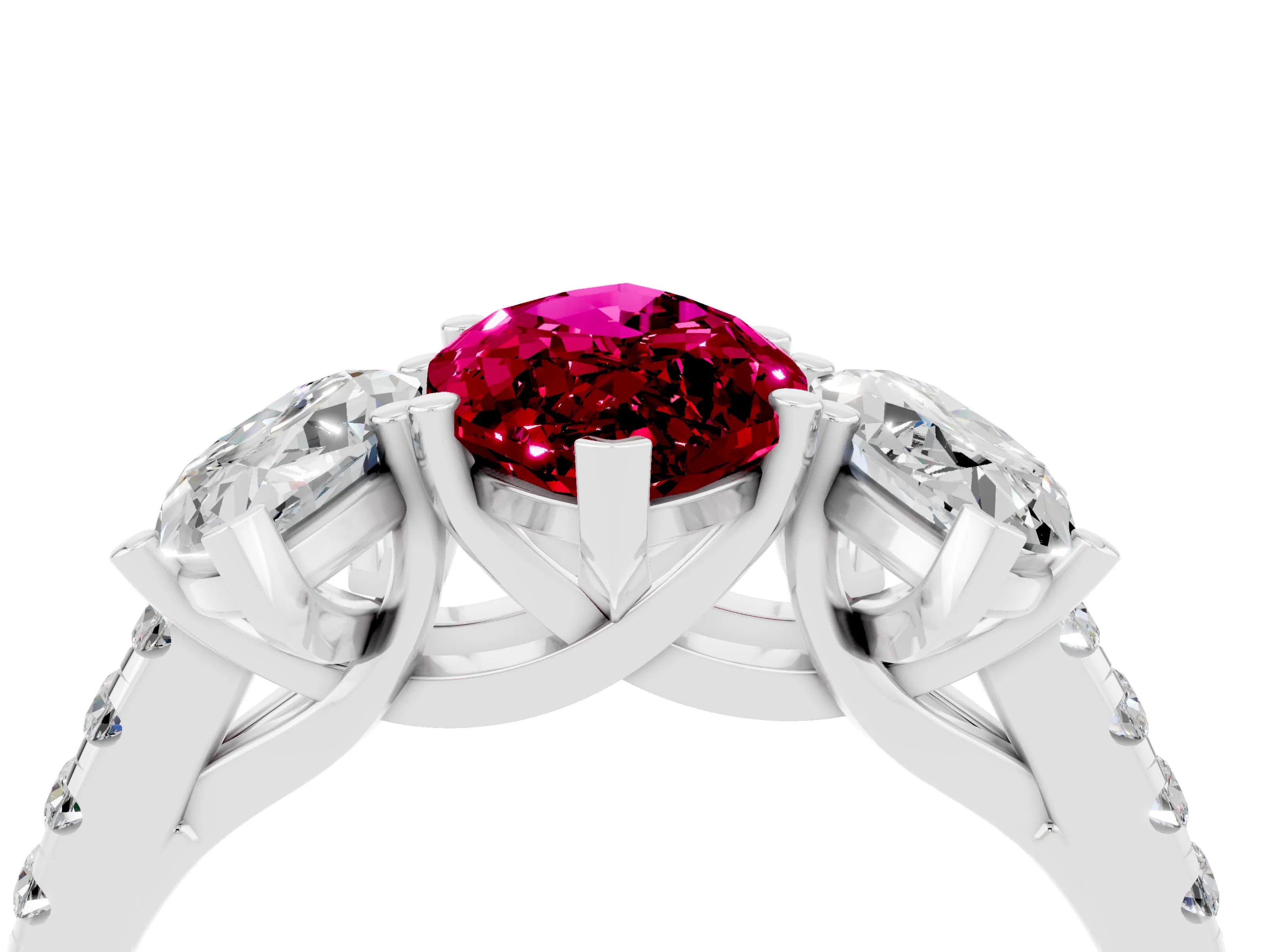 White gold Three-Stone Marquise Cut Garnet Ring with Pavé Band and Prong Setting_16