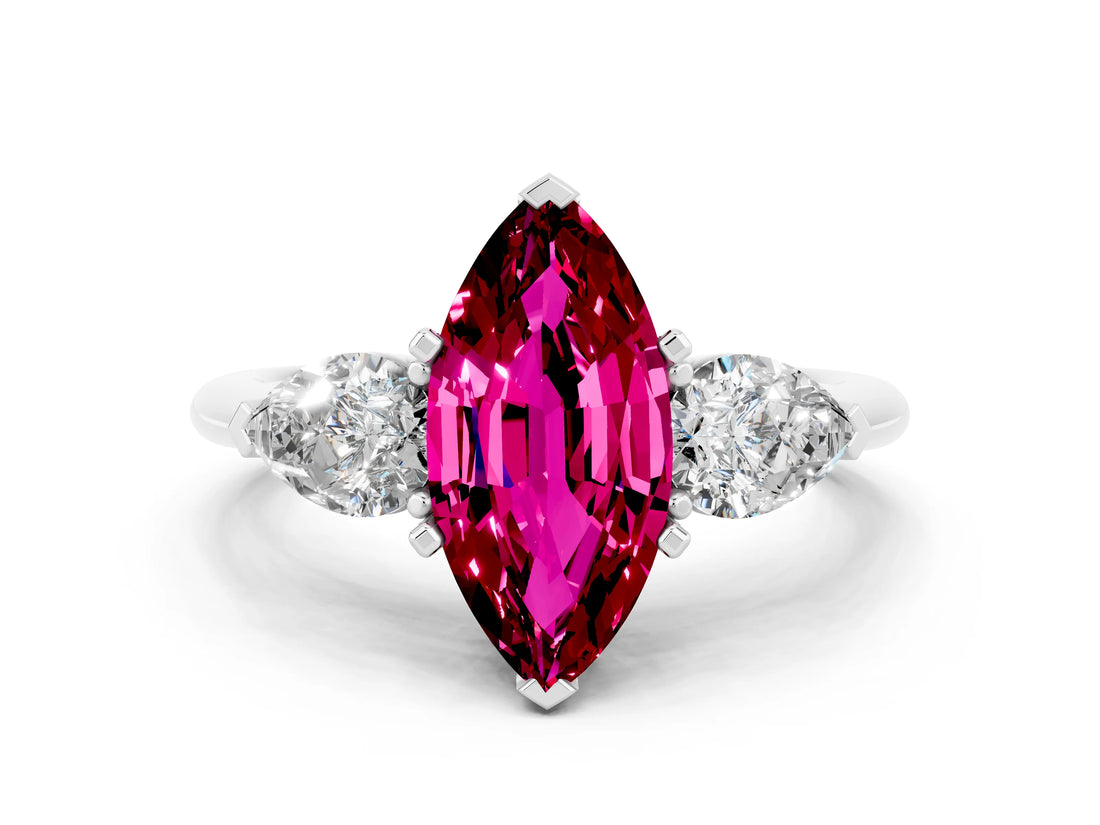 White gold Three-Stone Marquise Cut Garnet Ring with Pear Side Stones and Four-Prong Setting