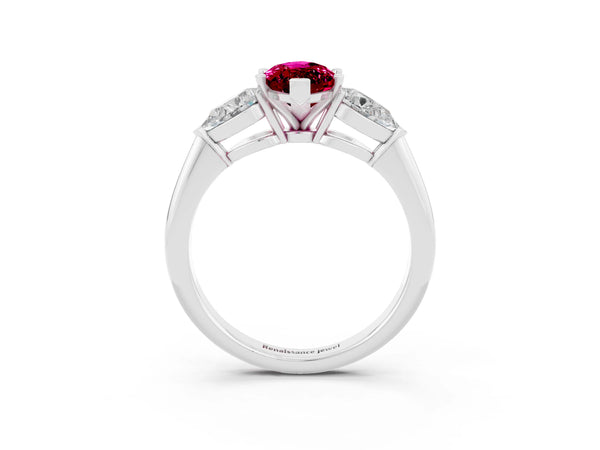 White gold Three-Stone Marquise Cut Garnet Ring with Pear Side Stones and Four-Prong Setting