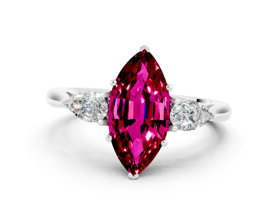 White gold Three-Stone Marquise Cut Garnet Ring with Pear  Side Stones in Four-Prong Setting_12