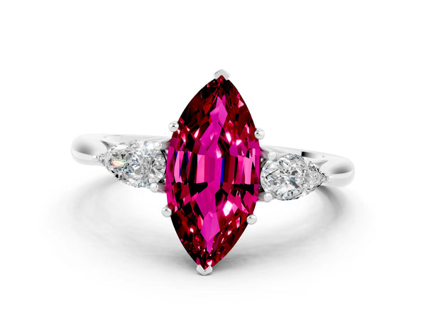 Platinum Three-Stone Marquise Cut Garnet Ring with Pear  Side Stones in Four-Prong Setting
