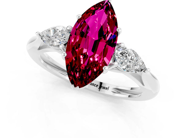 Platinum Three-Stone Marquise Cut Garnet Ring with Pear  Side Stones in Four-Prong Setting