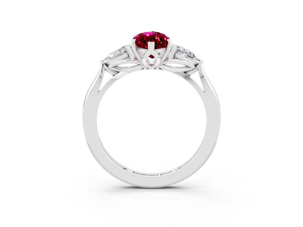 Platinum Three-Stone Marquise Cut Garnet Ring with Pear  Side Stones in Four-Prong Setting