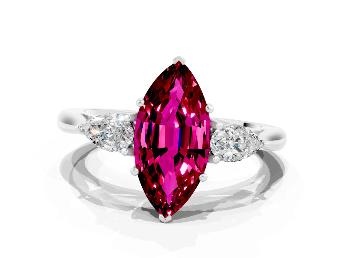 White gold Three-Stone Marquise Cut Garnet Ring with Pear  Side Stones in Four-Prong Setting_48