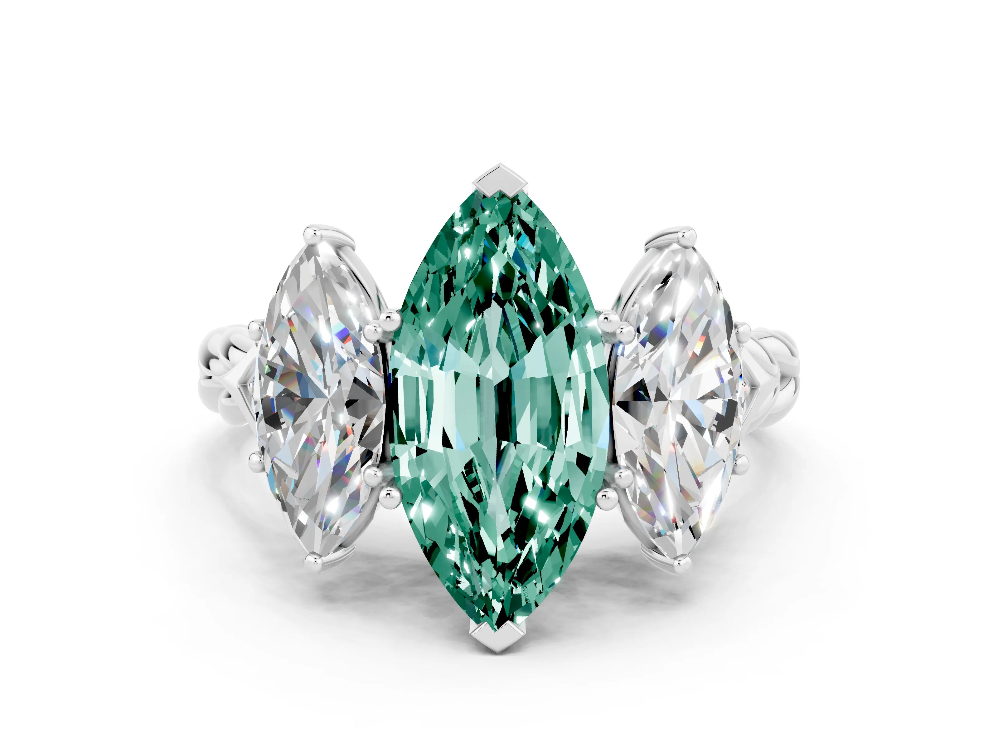White gold Three-Stone Marquise Cut Green Sapphire Braided Band Ring with Four-Prong Setting_12