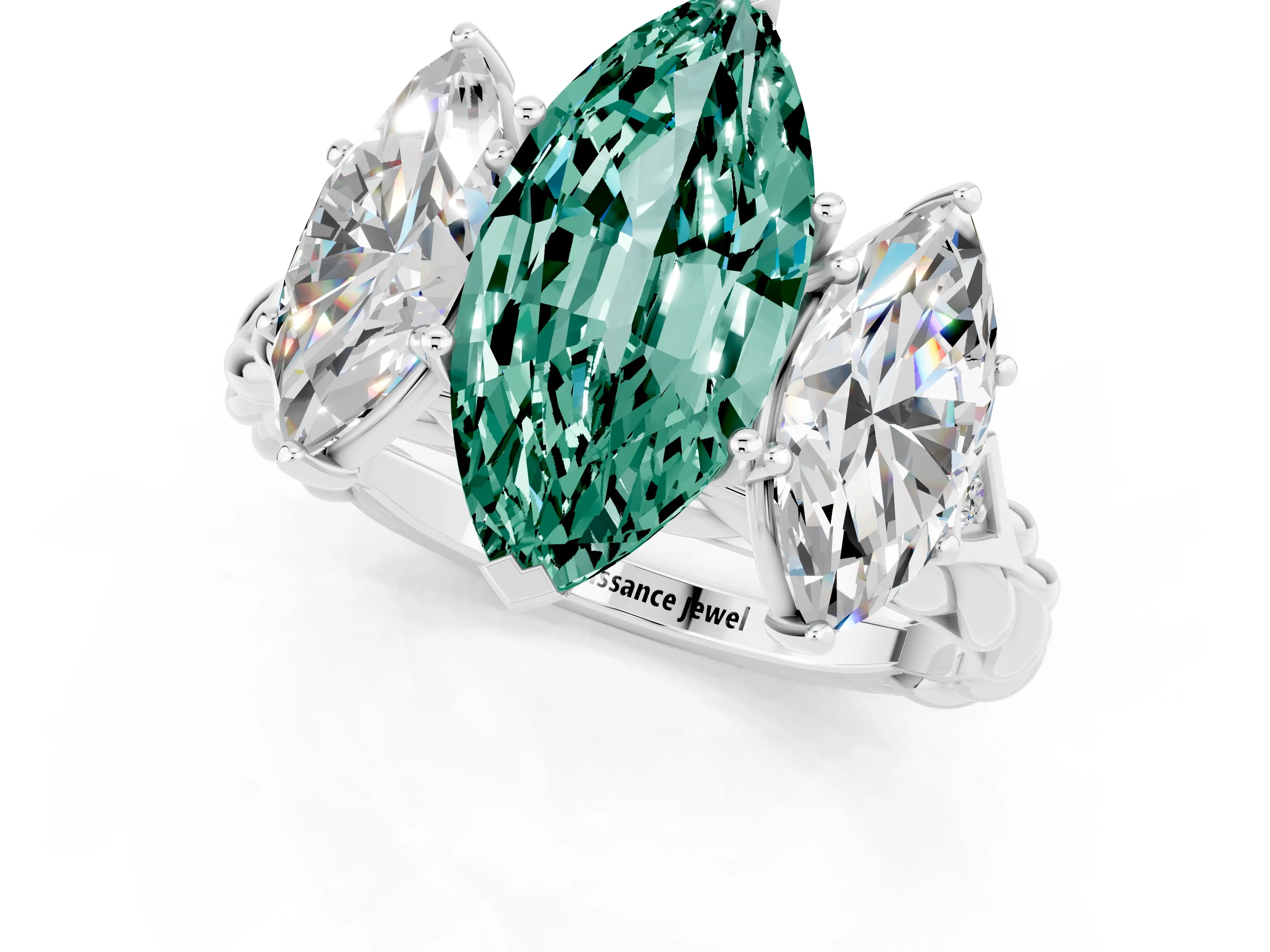 White gold Three-Stone Marquise Cut Green Sapphire Braided Band Ring with Four-Prong Setting_13