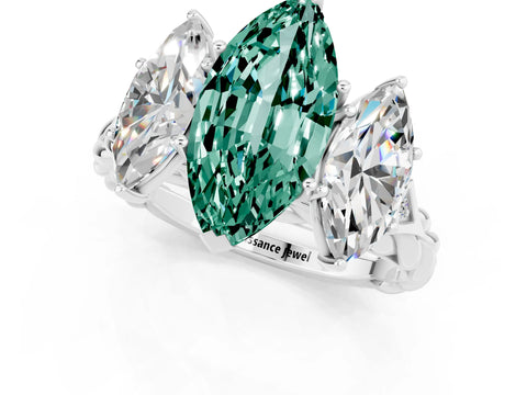 White gold Three-Stone Marquise Cut Green Sapphire Braided Band Ring with Four-Prong Setting_13