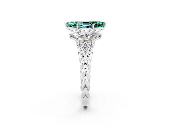 Silver Three-Stone Marquise Cut Green Sapphire Braided Band Ring with Four-Prong Setting