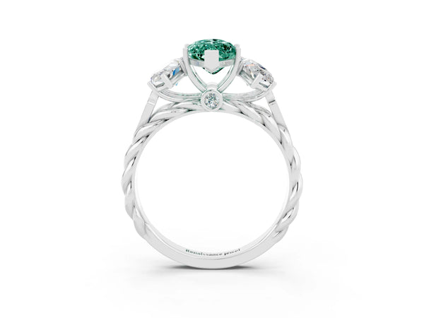 Silver Three-Stone Marquise Cut Green Sapphire Braided Band Ring with Four-Prong Setting