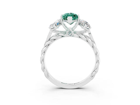 White gold Three-Stone Marquise Cut Green Sapphire Braided Band Ring with Four-Prong Setting_15
