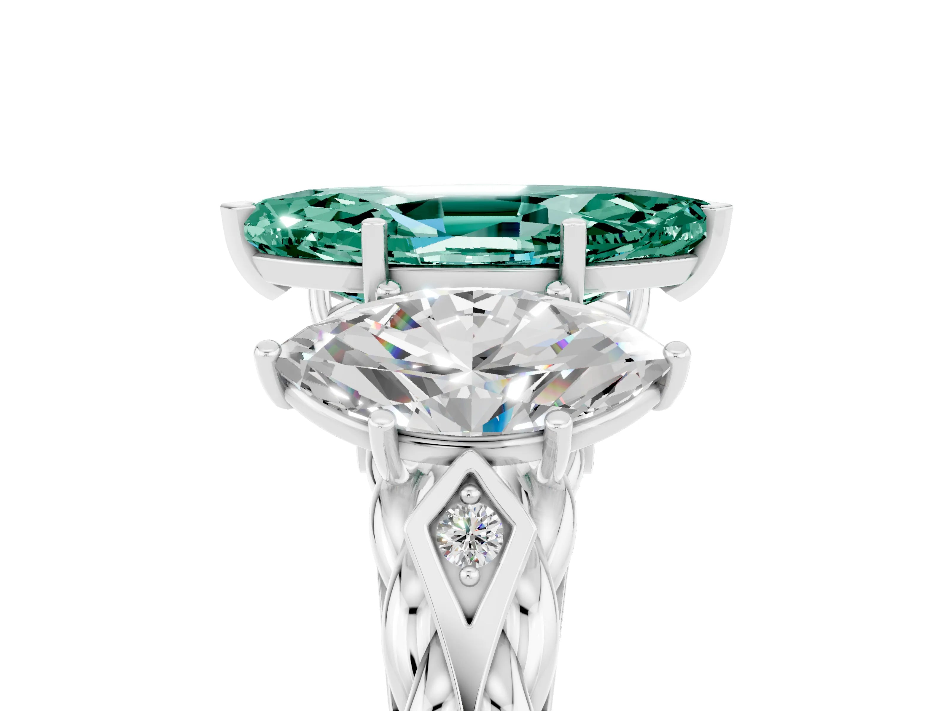 White gold Three-Stone Marquise Cut Green Sapphire Braided Band Ring with Four-Prong Setting_17