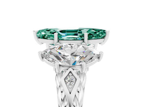 White gold Three-Stone Marquise Cut Green Sapphire Braided Band Ring with Four-Prong Setting_17