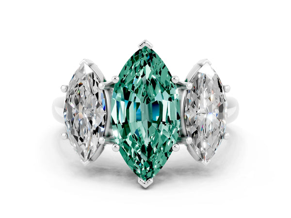 Platinum Three-Stone Marquise Cut Green Sapphire Engagement Ring with Prong Setting