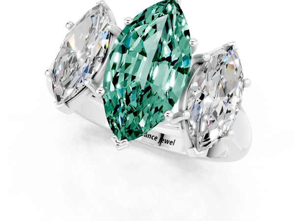 Platinum Three-Stone Marquise Cut Green Sapphire Engagement Ring with Prong Setting