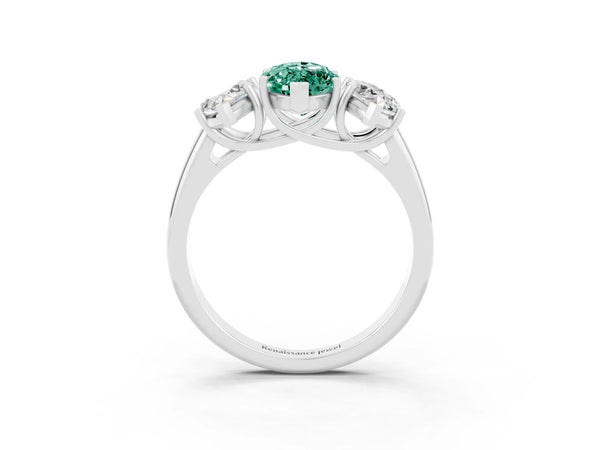 Platinum Three-Stone Marquise Cut Green Sapphire Engagement Ring with Prong Setting