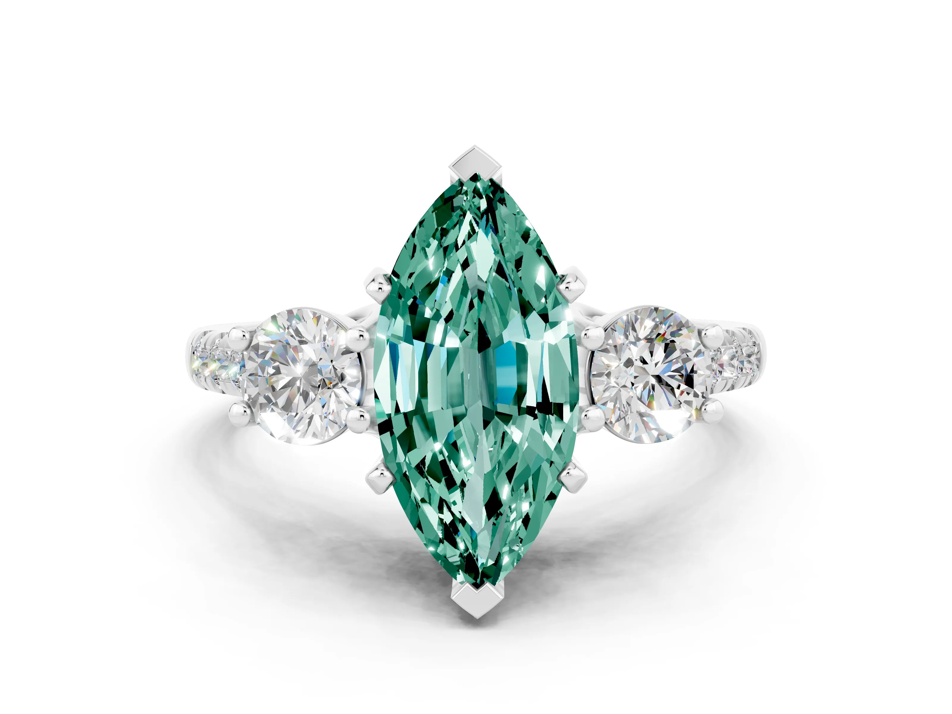 White gold Three-Stone Marquise Cut Green Sapphire Pavé Band with Four-Prong Setting
